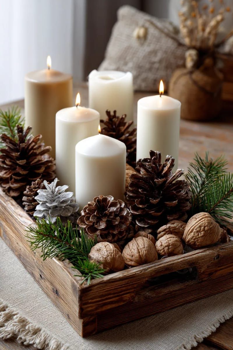 17. Pinecones, Candles, And Walnuts On A Rustic Tray - photo 2