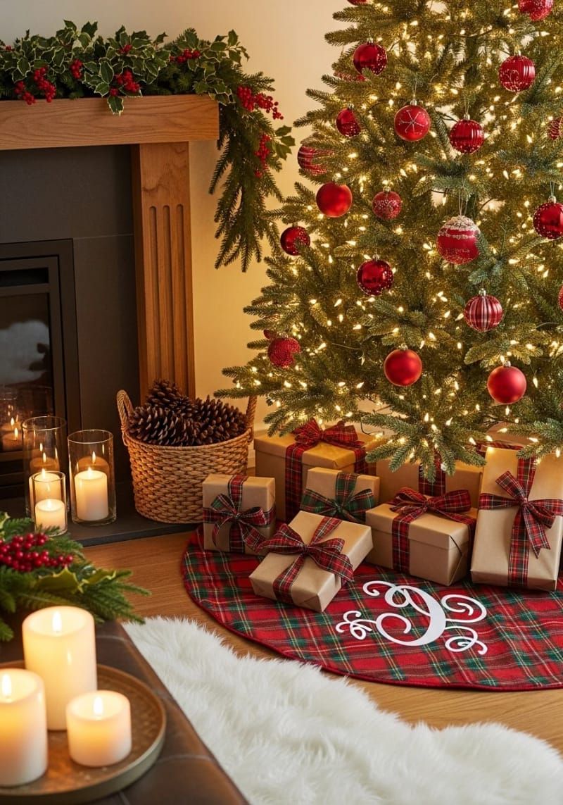 17. Plaid tree skirt with a Cricut iron-on monogram