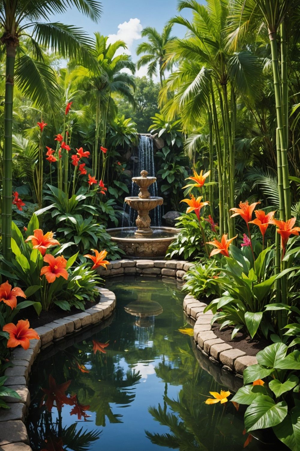 A Secluded Oasis with Tropical Plants and Trees