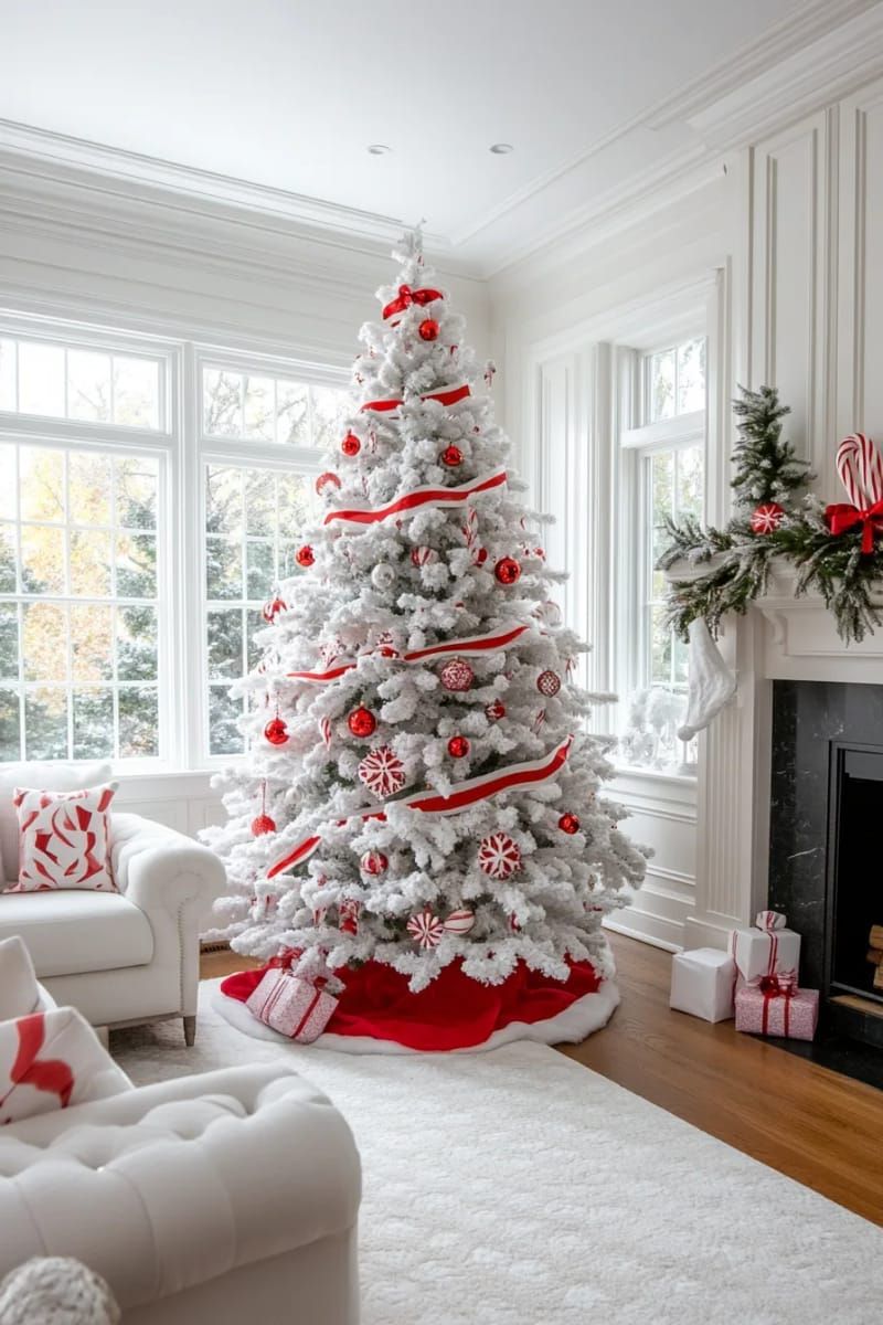 24. Striped red and white ribbon garland on a white tree