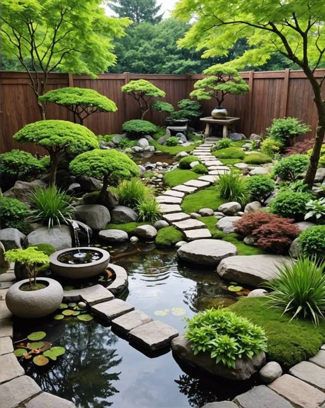 Japanese-Style Zen Garden With Water Features