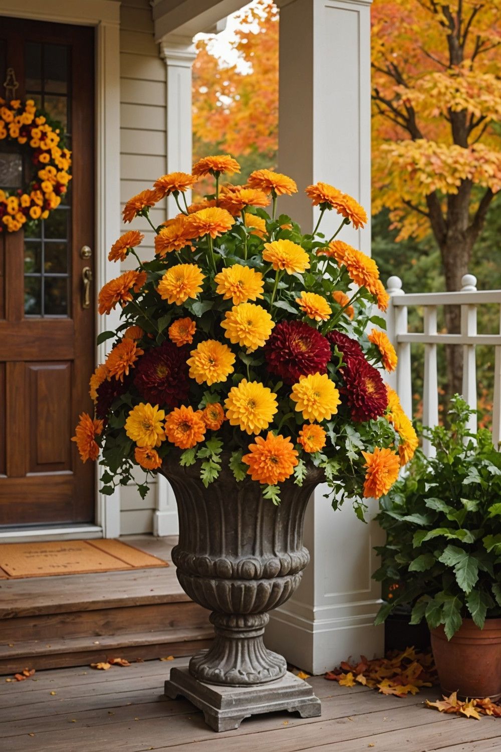 Elegant Urn Planters with Fall Blooms