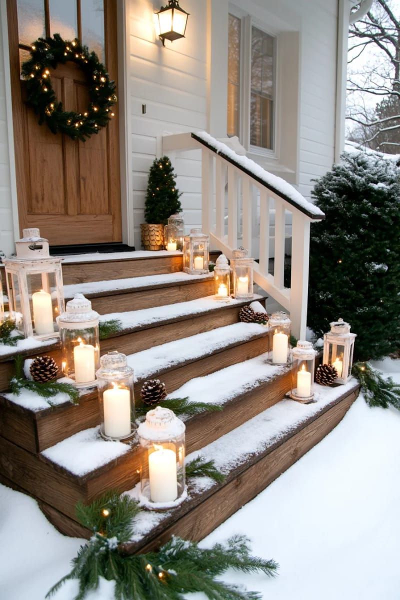 4. Candlelit Lanterns on Frosted Wooden Stairs