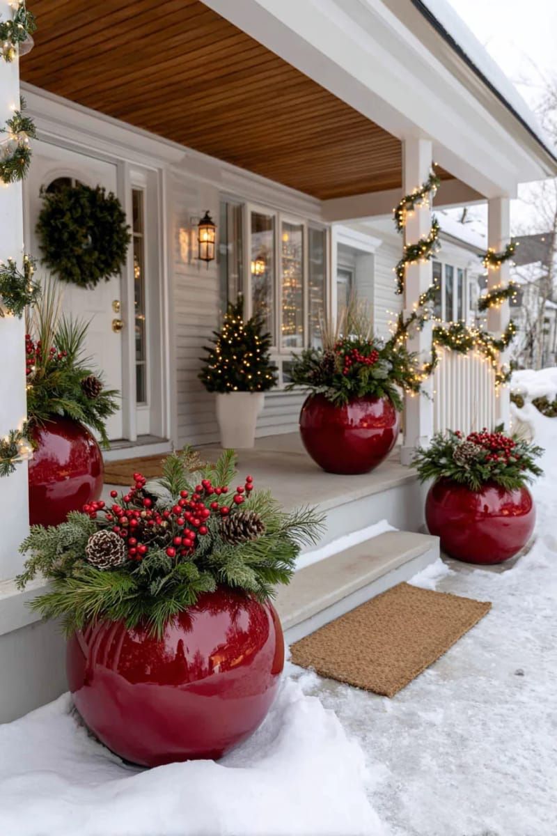 1. Red ornament planters with pine by the front door