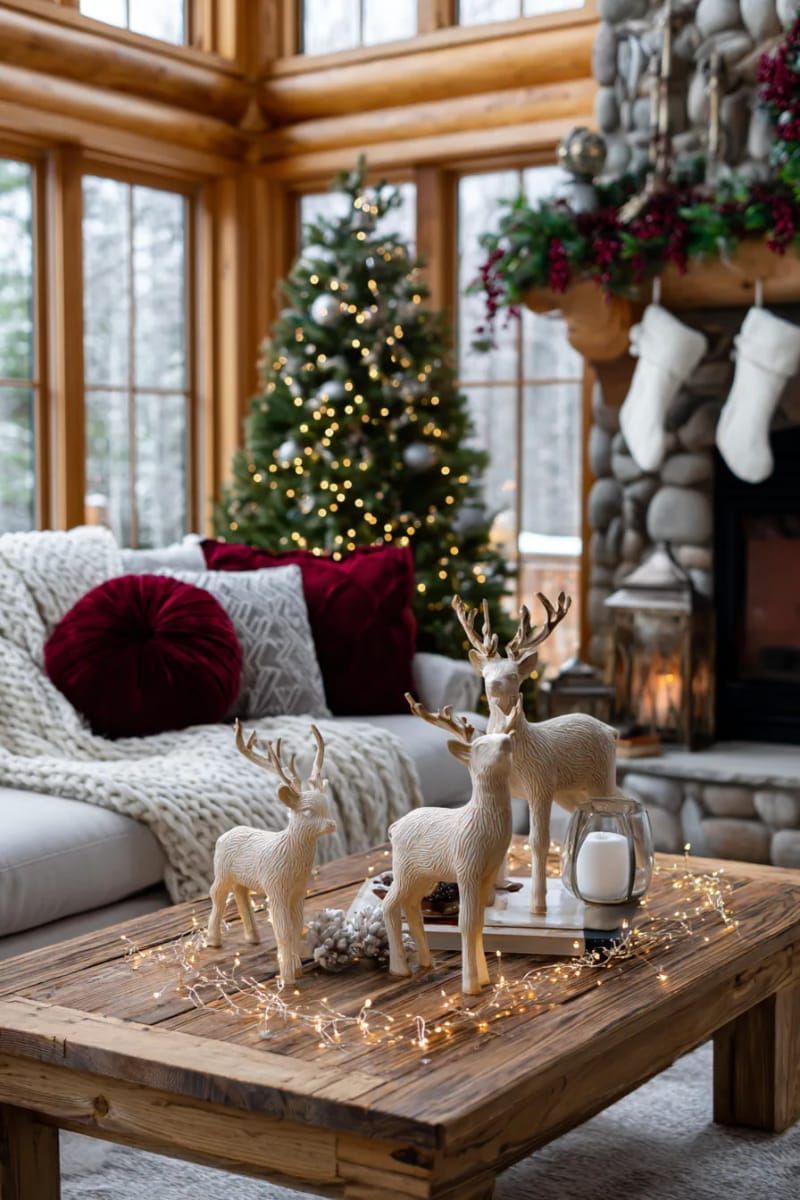 26. Enchanting wooden reindeer sculptures illuminated by string lights