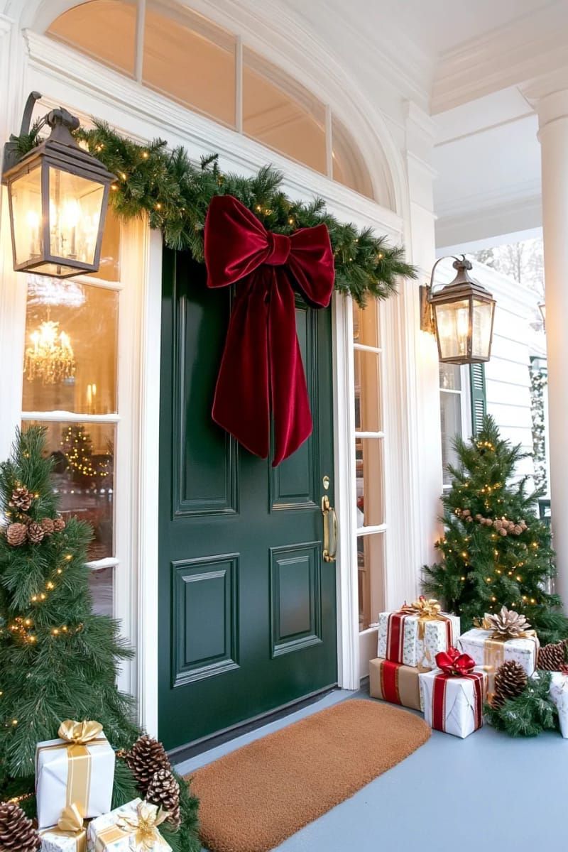 1. Red Velvet Bow with Pine Garland and Pinecones - photo 3