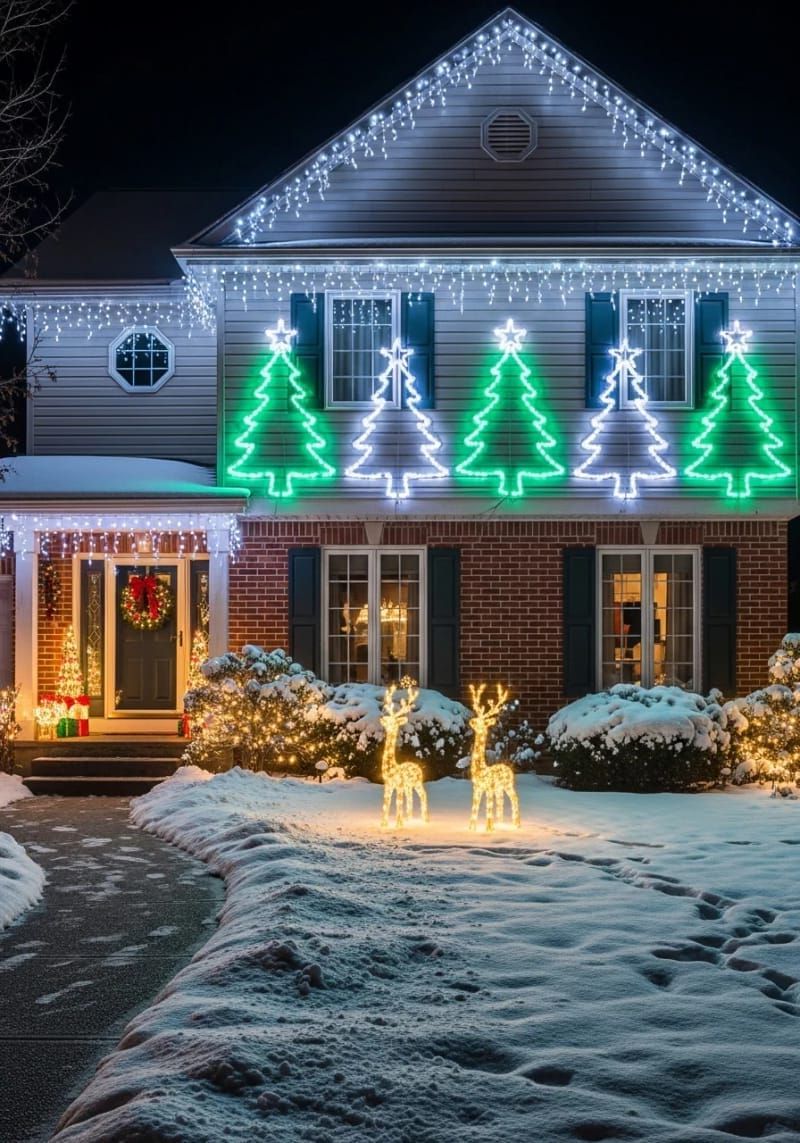 25. Lighted Christmas Tree Outlines on the House Exterior