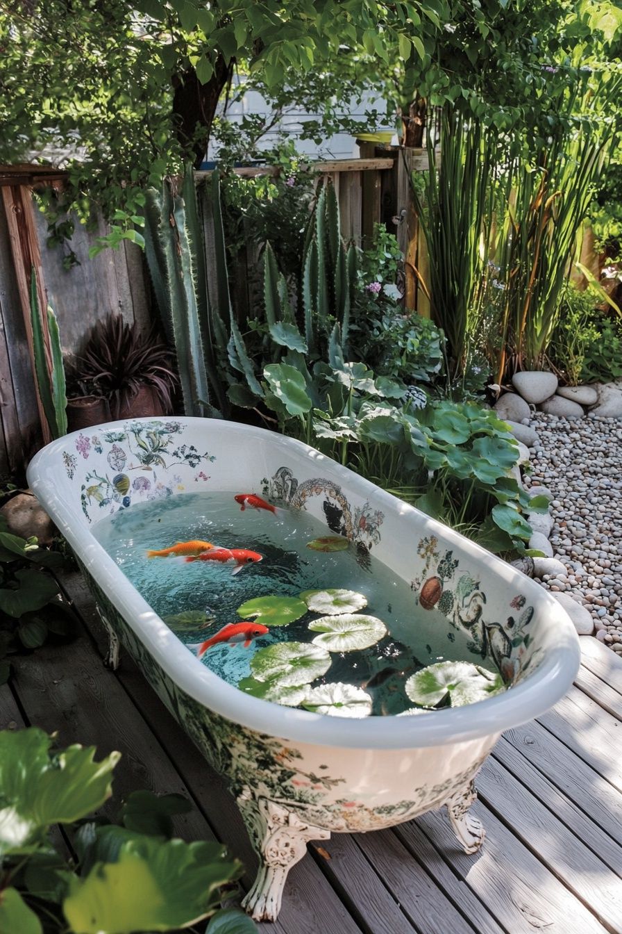 7. Turn a Vintage Bathtub into a Koi Pond