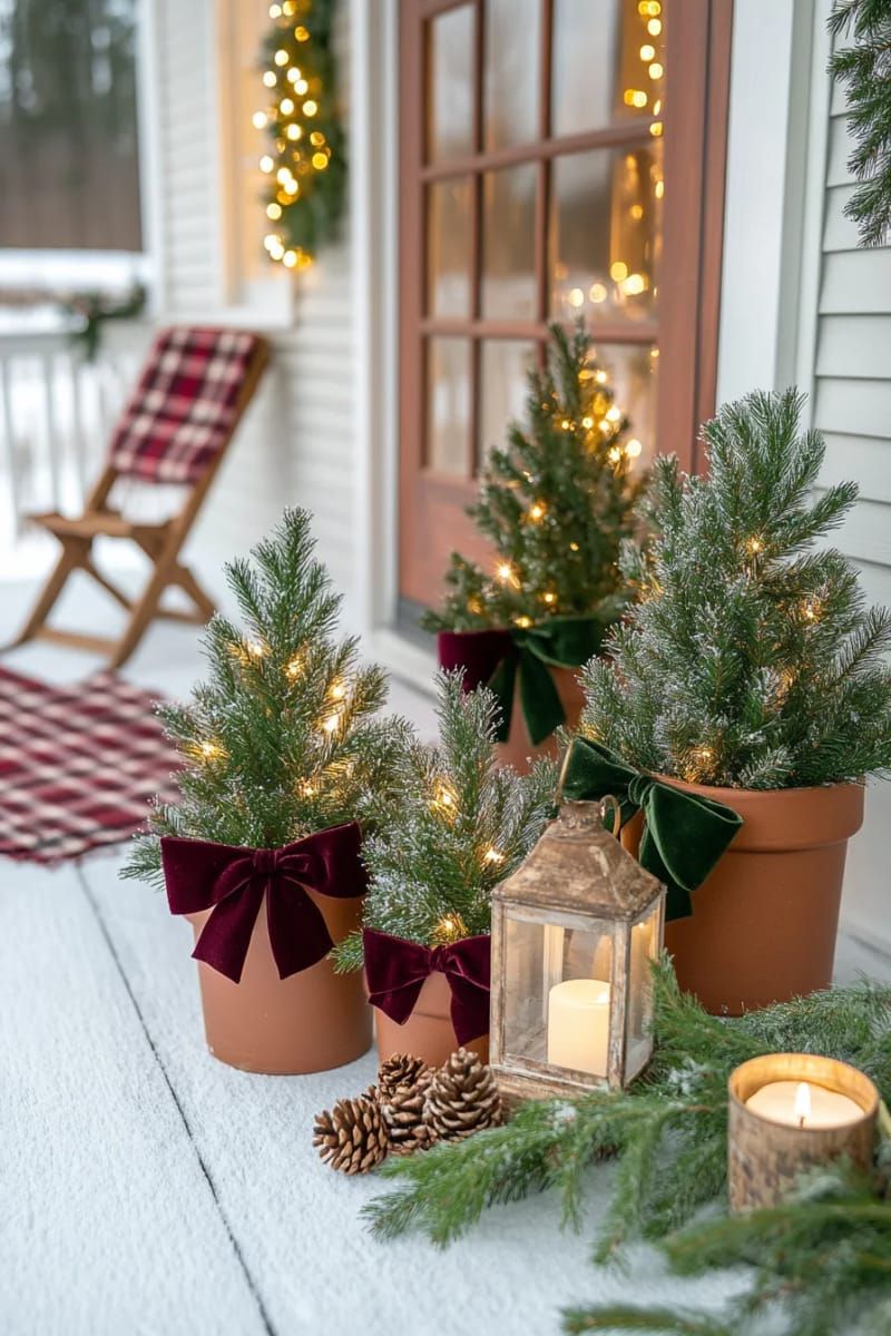 6. Mini Trees in Terracotta Pots With Velvet Bows