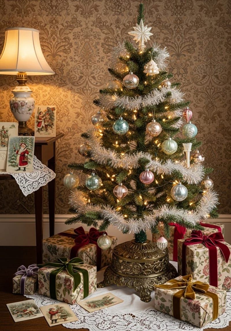 10. Retro tree with glass ornaments and tinsel