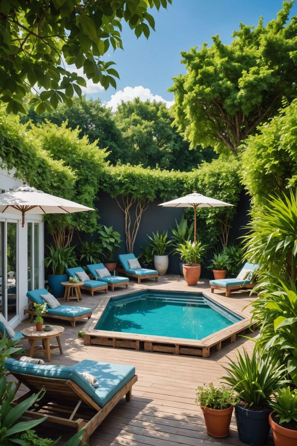Greenery-Filled Hexagonal Pallet Pool Decks