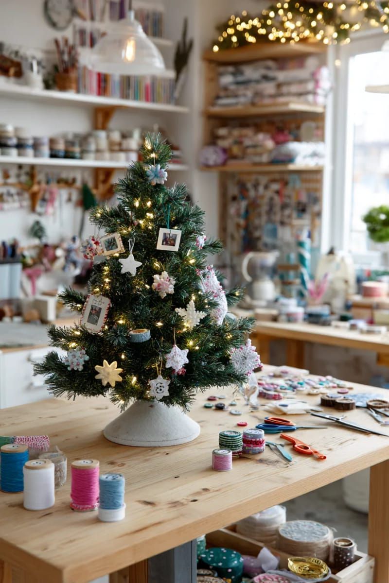 12. Mini Lit Tree with Handmade Ornaments