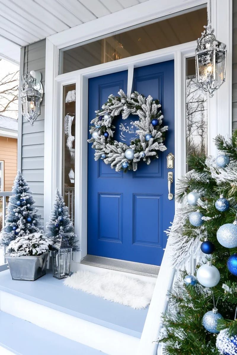 4. Frosted Blue Winter Door with Snowflakes and Wreath