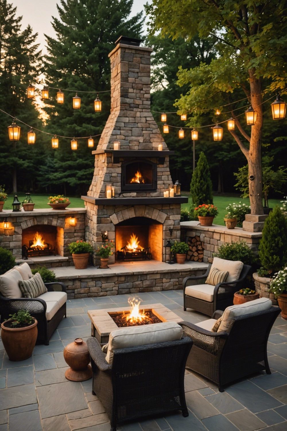 Modern Stone Fireplace with Patio Seating Area