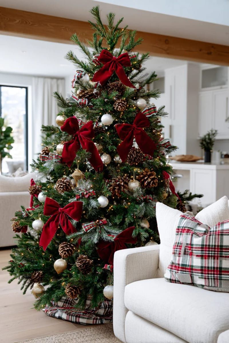 24. Red velvet bows, pinecones, and plaid for classic style - photo 2