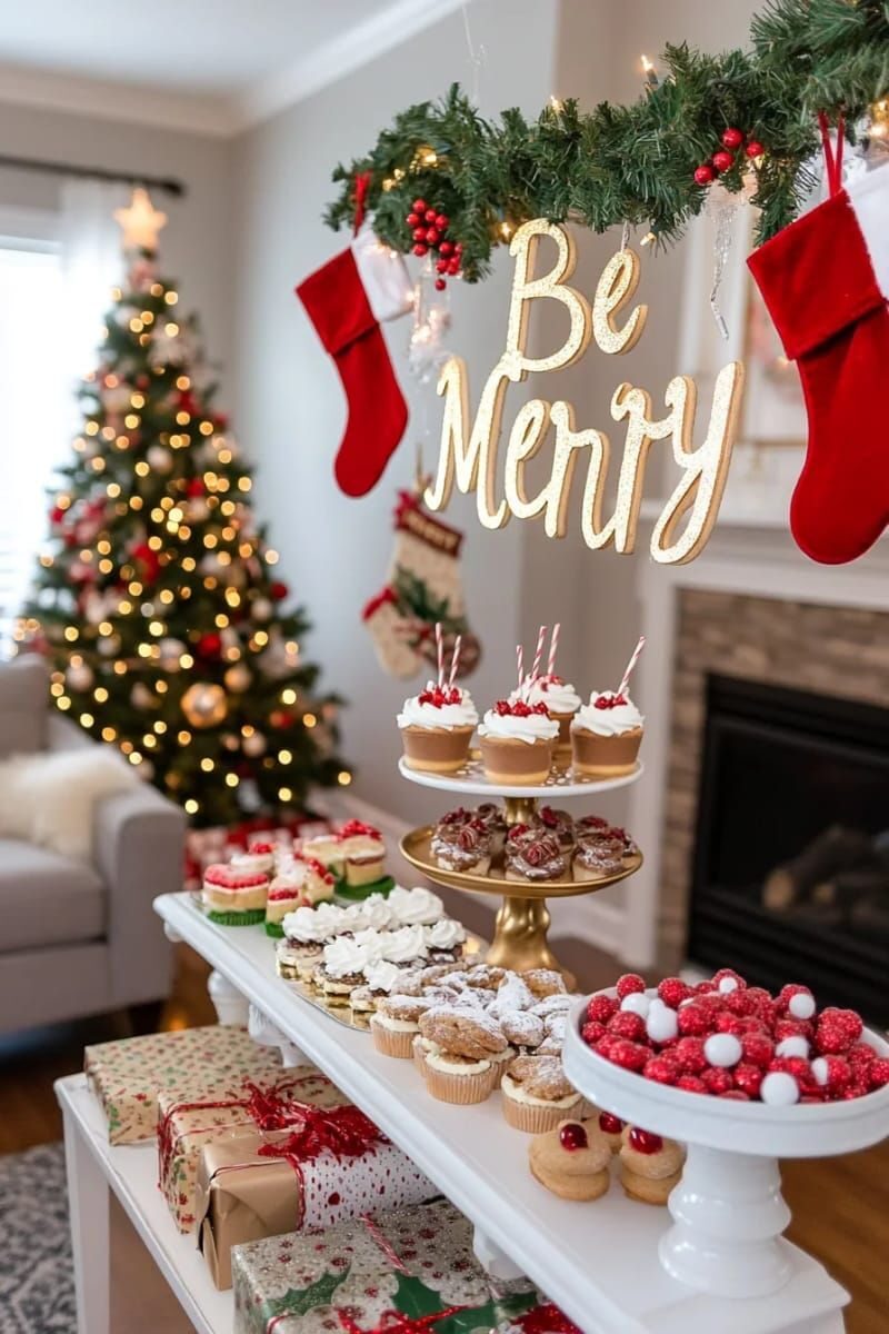 25. Celebrate Joyfully Banner Over the Dessert Table