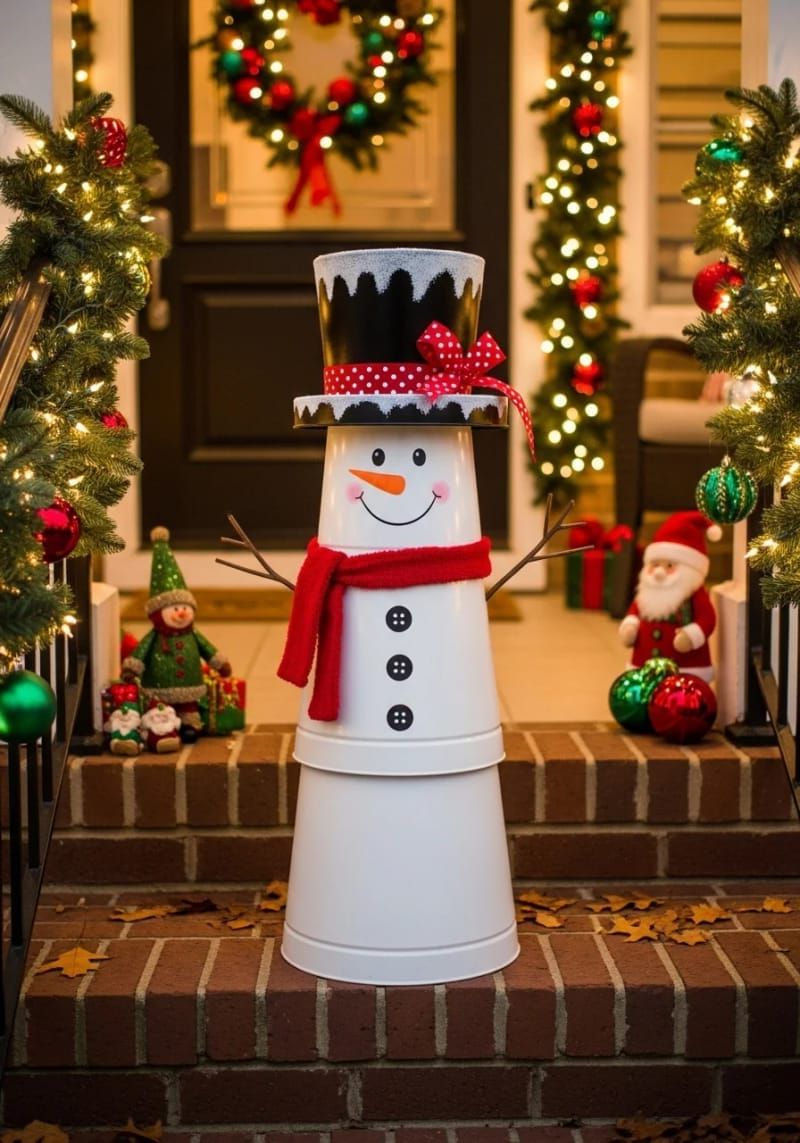 5. Porch snowman built from stacked white buckets - photo 2