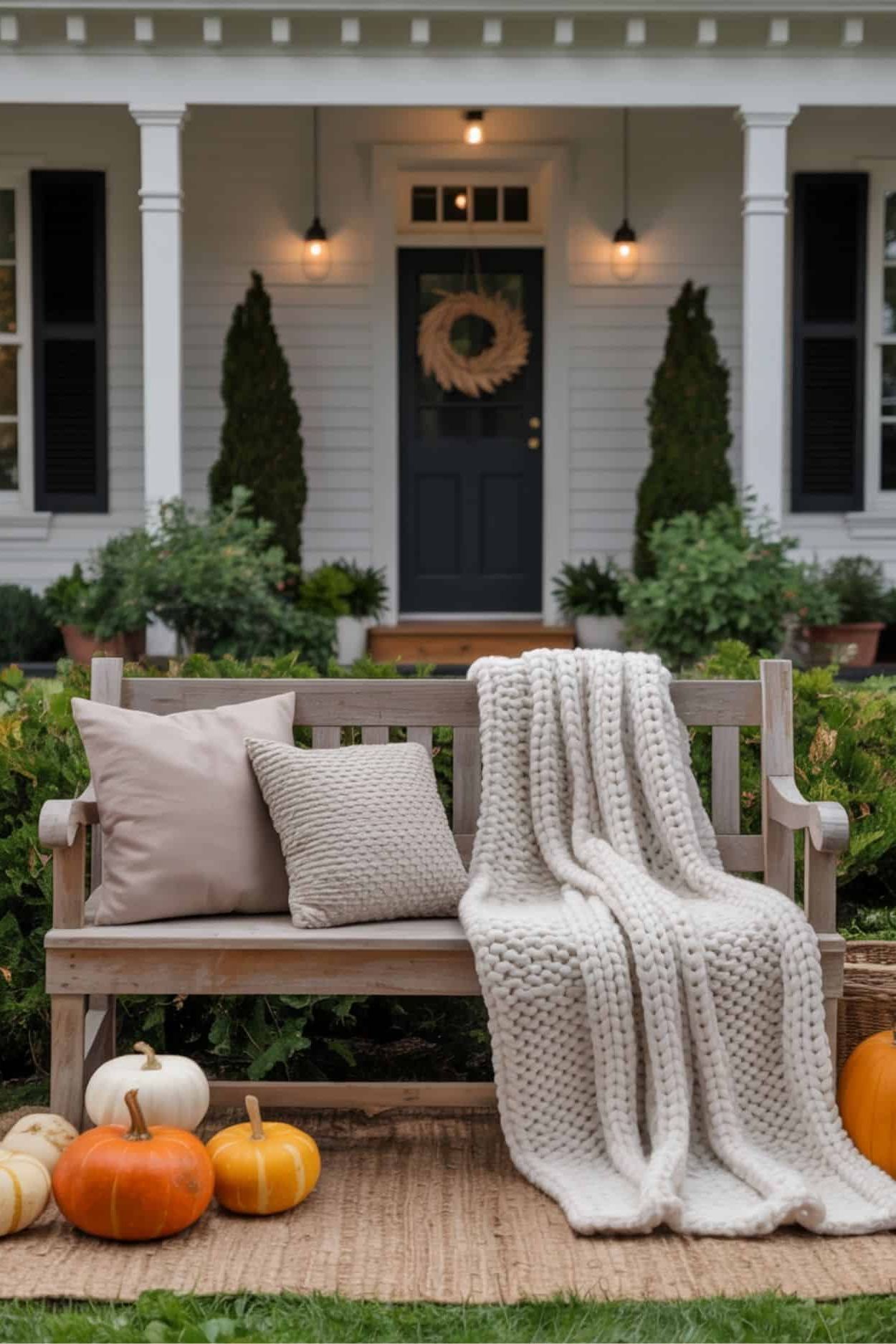 A Cozy Bench with Pumpkins and a Chunky Knit Blanket