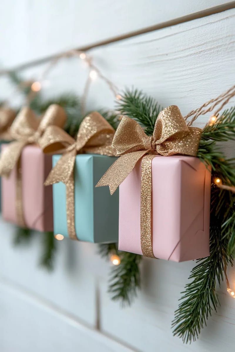 3. Mini gift box garland with gold ribbon