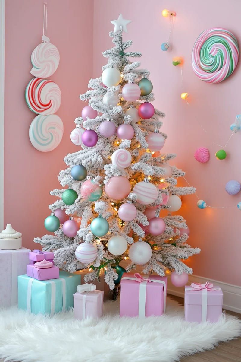 2. Candyland Tree With Pastel Ornaments and Giant Lollipops