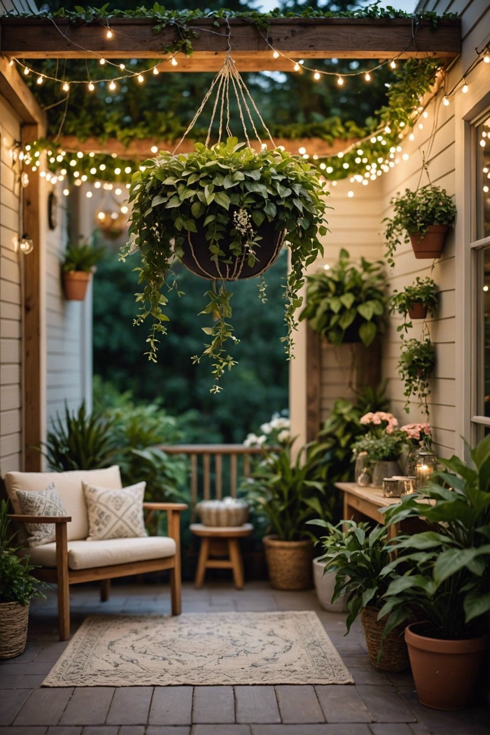 Fairy-Lit Hanging Planters for Patios
