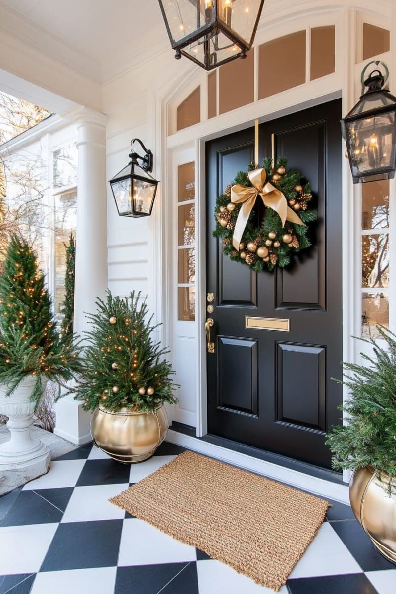 21. Black Door with Minimalist Magnolia Wreath and Gold Accents - photo 3