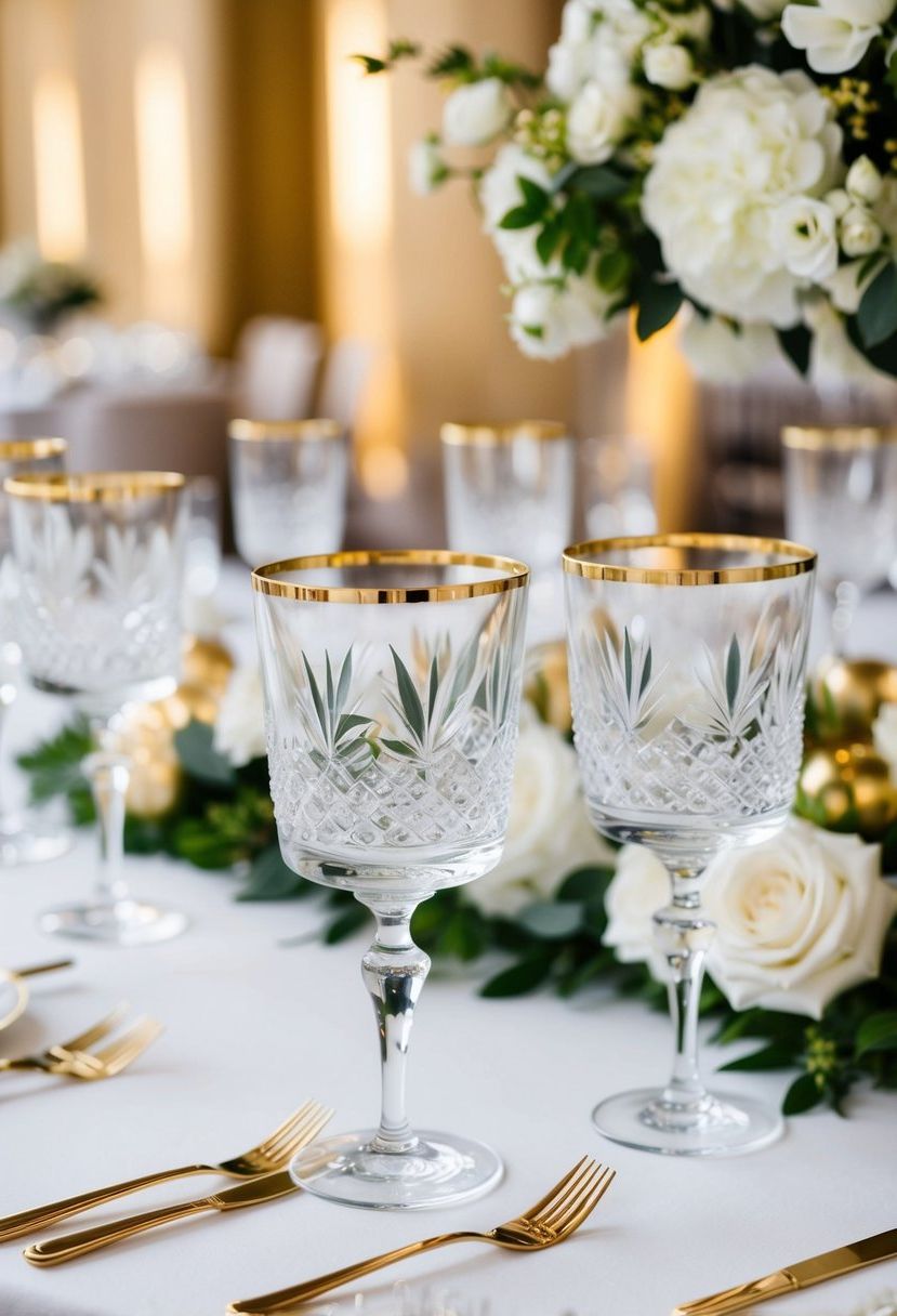 13) Gold-rimmed crystal glassware