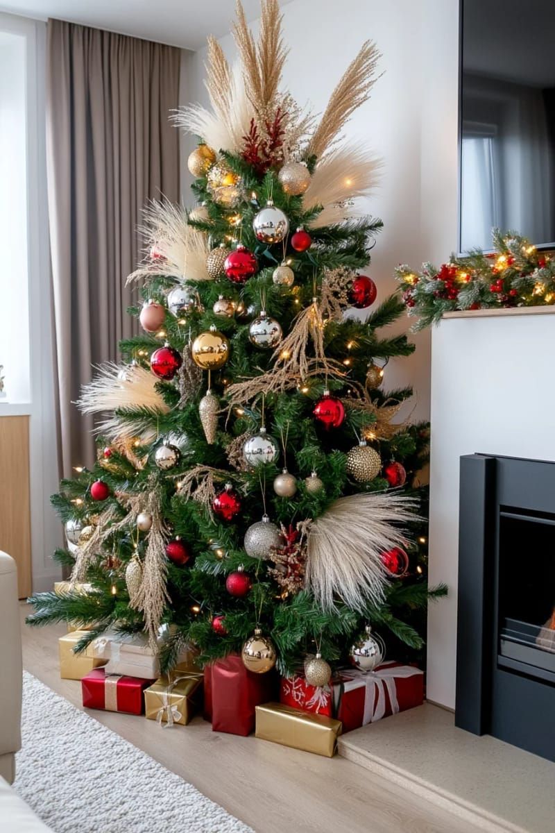 8. Pampas grass plumes mixed with classic ornaments - photo 2