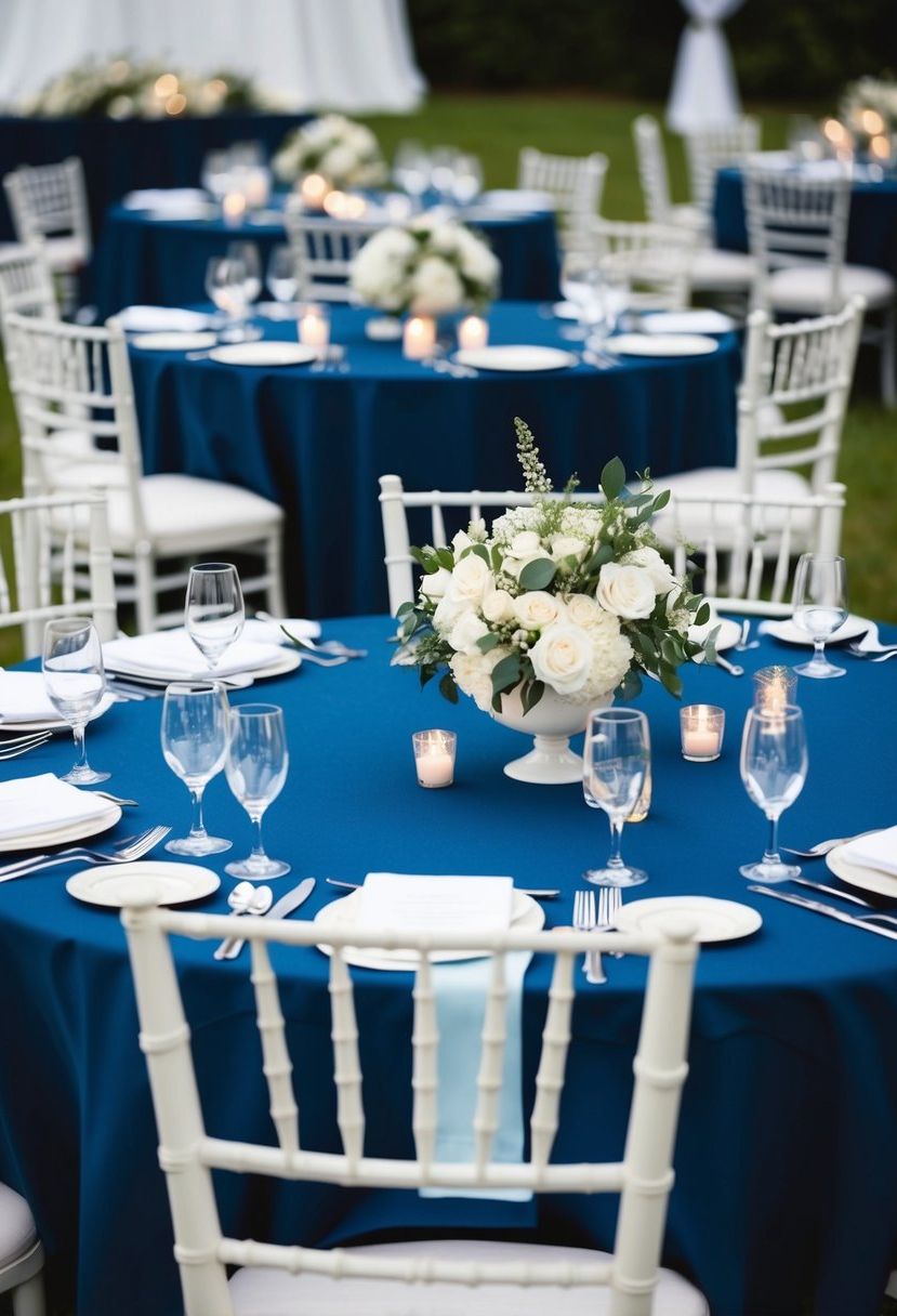 4) Navy tablecloths with white centerpieces