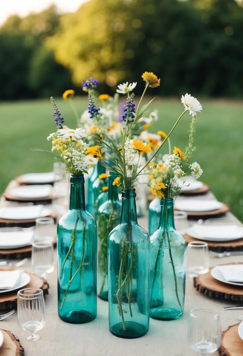 1) Vintage Bottle Vases with Wildflowers