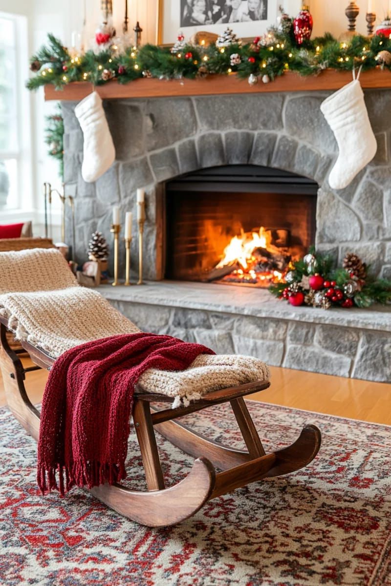 8. Wooden Sled and Knitted Throw by the Fireplace