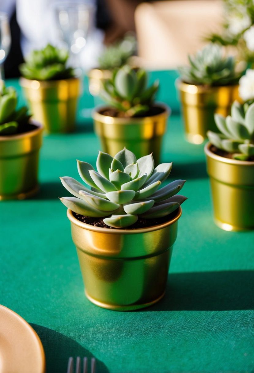 9) Mini gold pots with green succulents