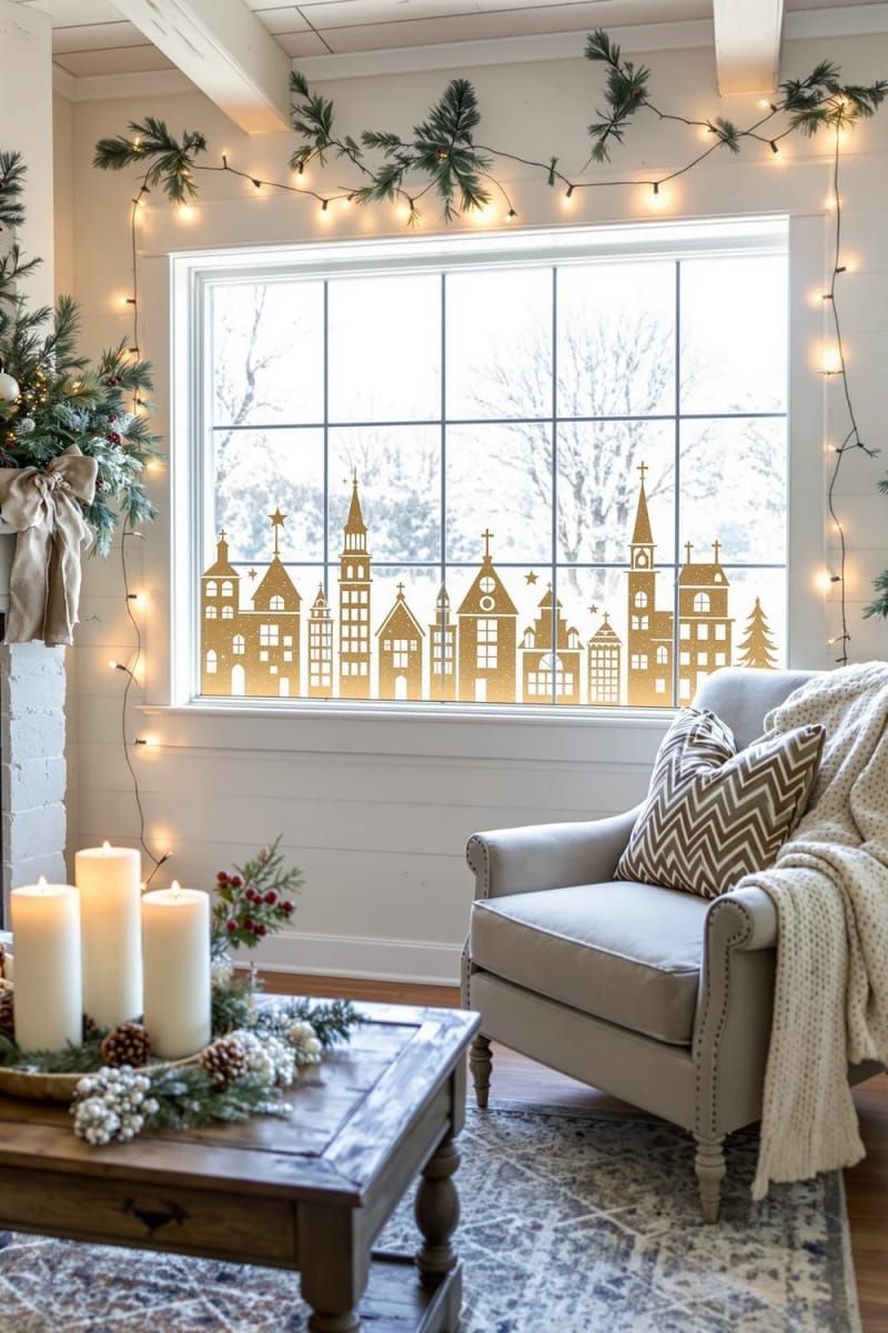 4. Modern Christmas village window clings with gold foil rooftops