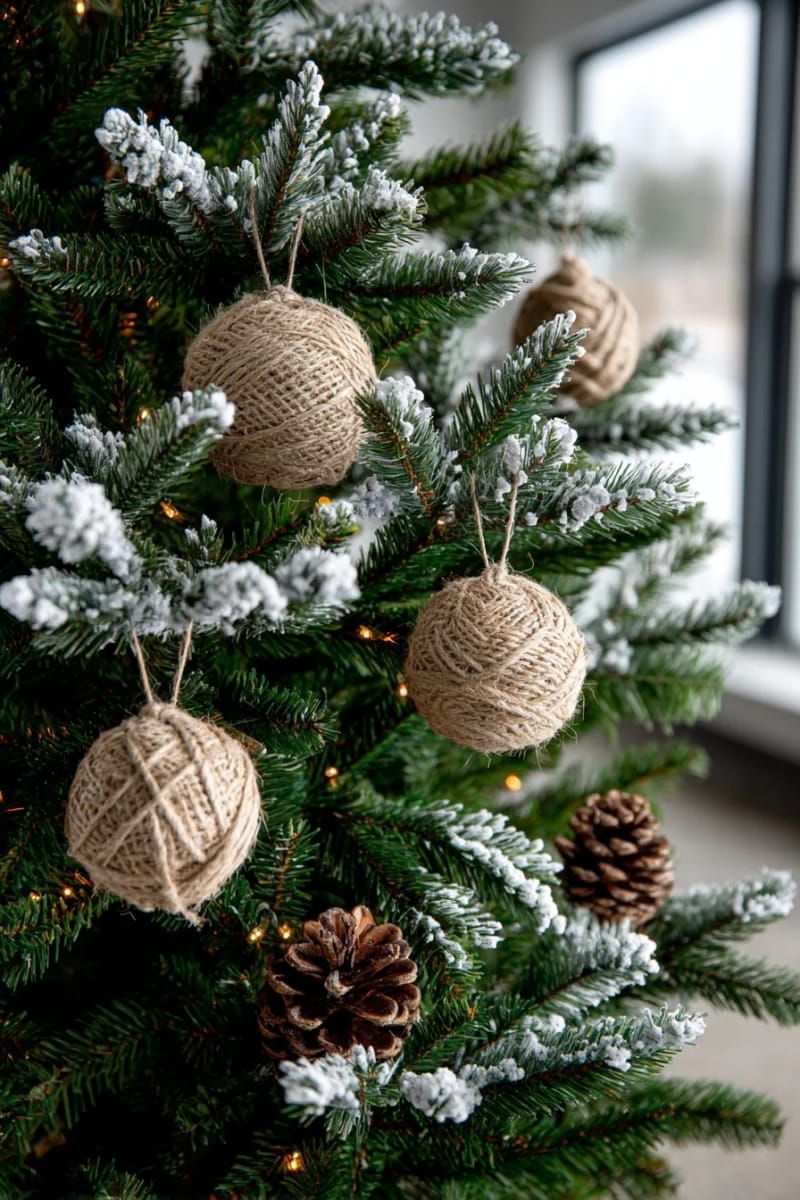 5. Jute-Wrapped Ornaments on Snowy Branches