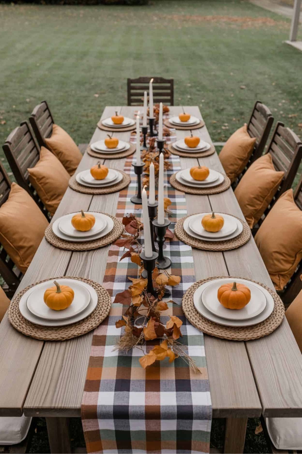 Outdoor Fall Tablescape with Mini Pumpkins