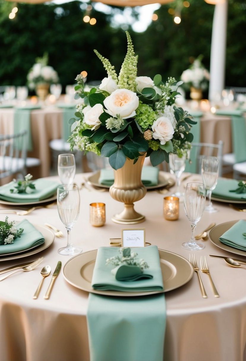 5) Sage green and champagne table accents