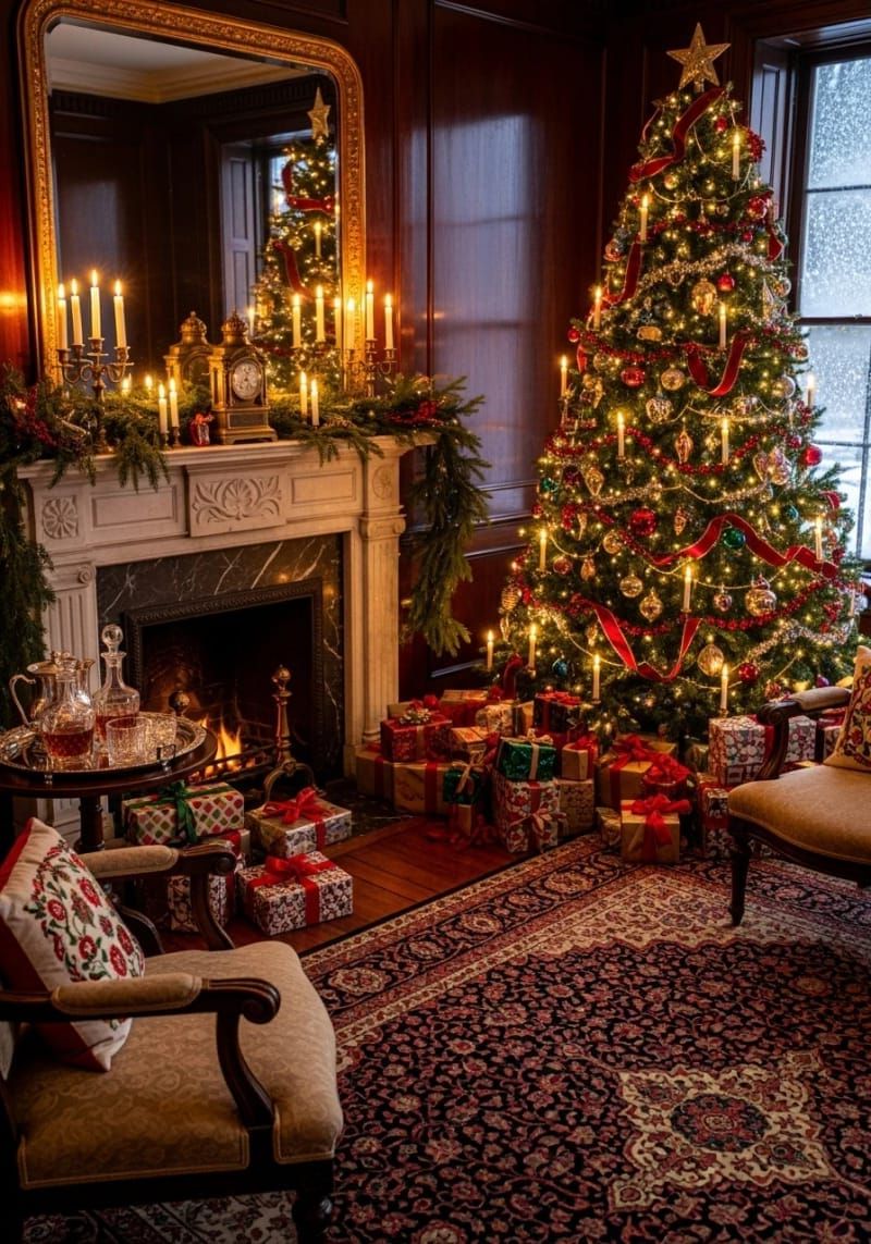 16. Living room with a decorated tree and Persian rug