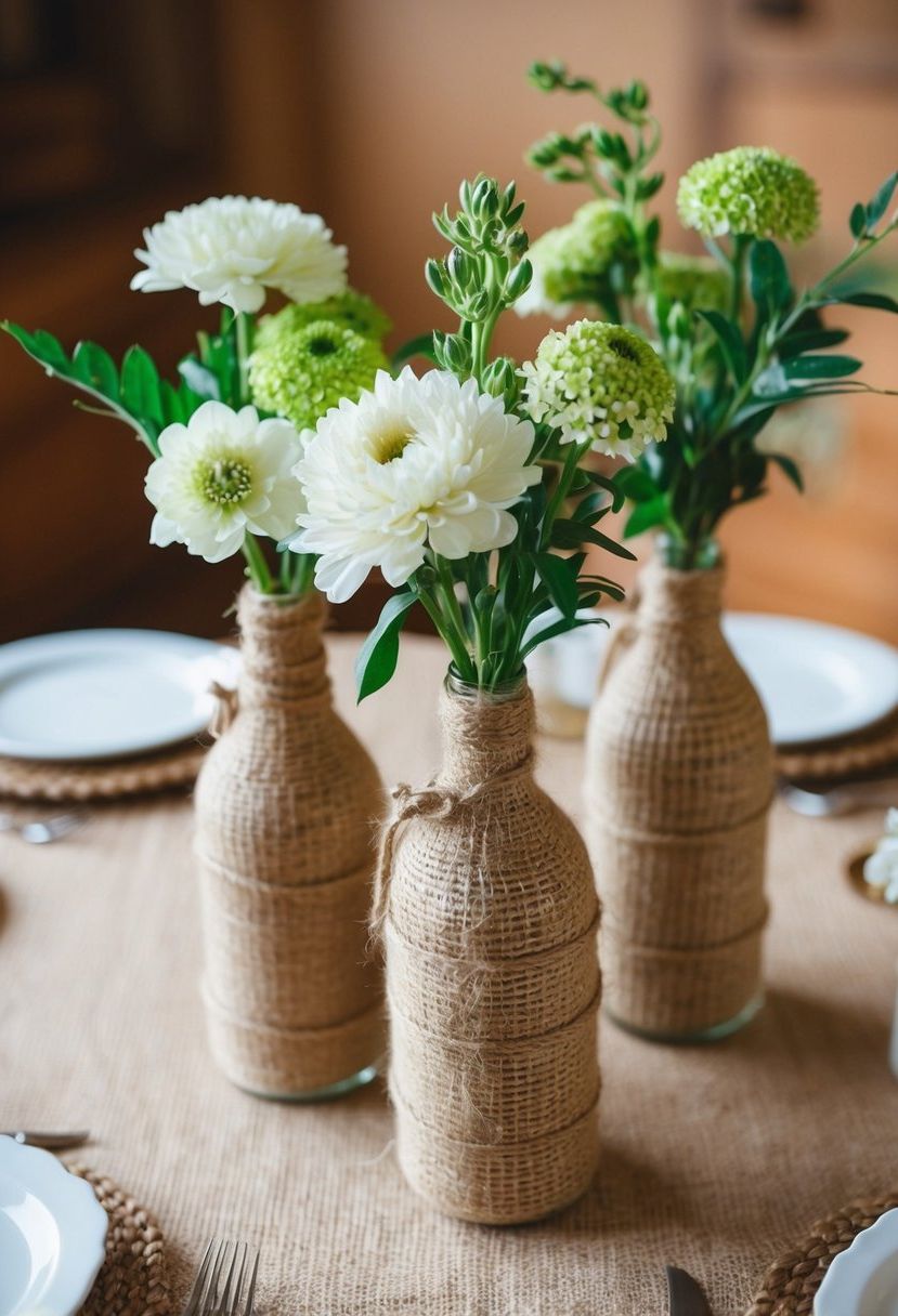 8) Vintage Vases Wrapped in Burlap Twine