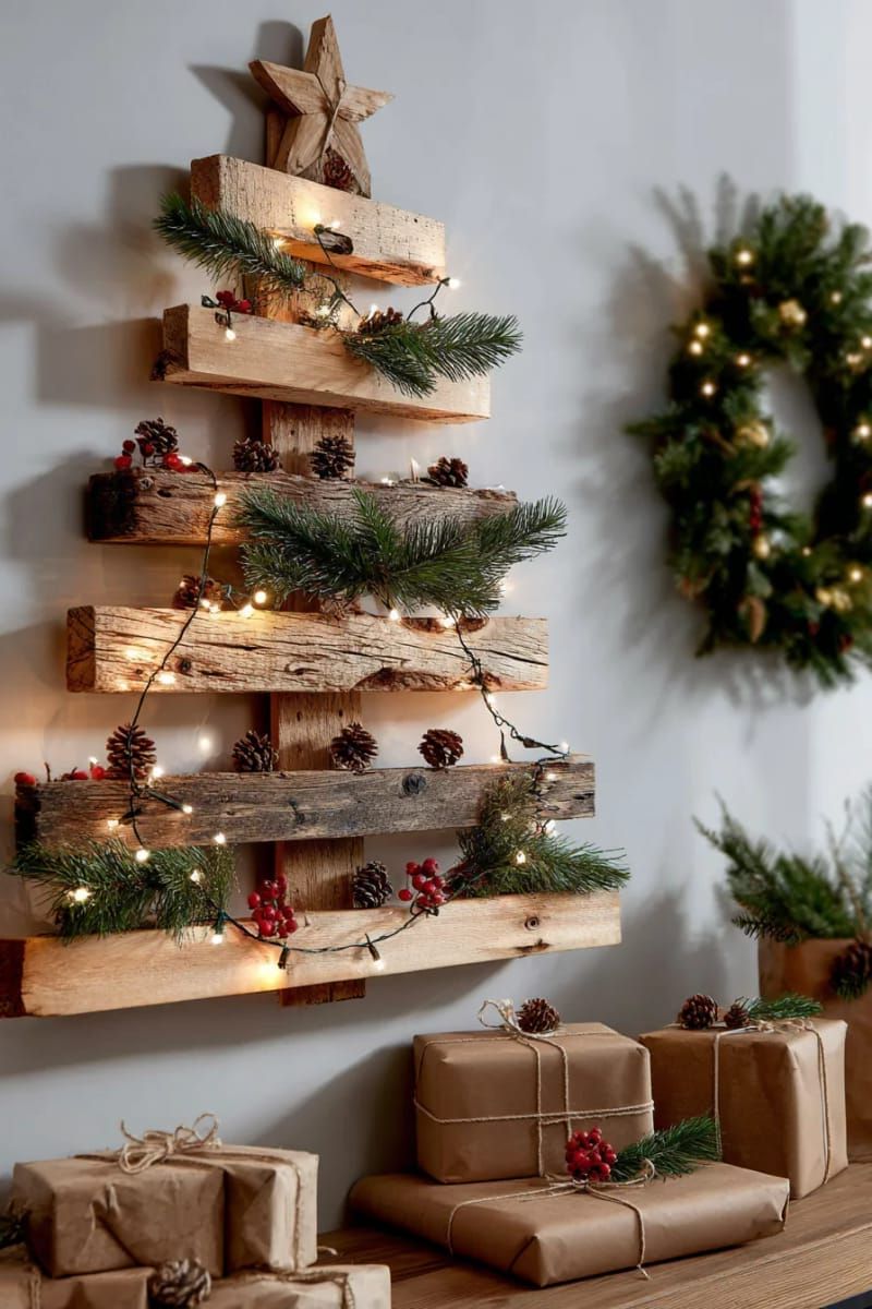 6. Christmas tree wall decor made from wooden pallets with string lights