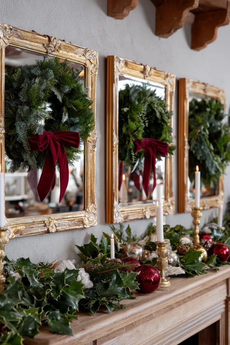 8. Antique mirrors framed with greenery wreaths