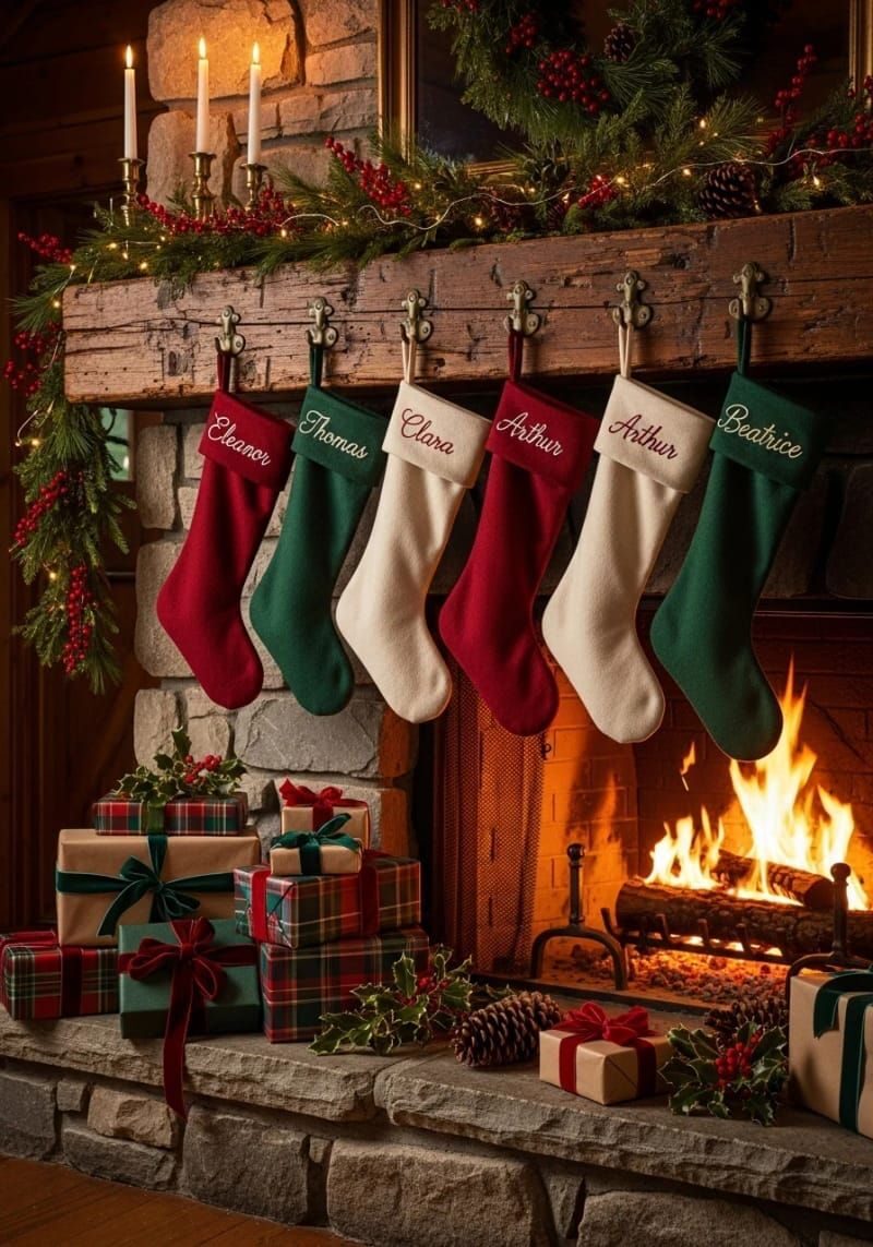 7. Fireplace stockings stitched with family names - photo 2