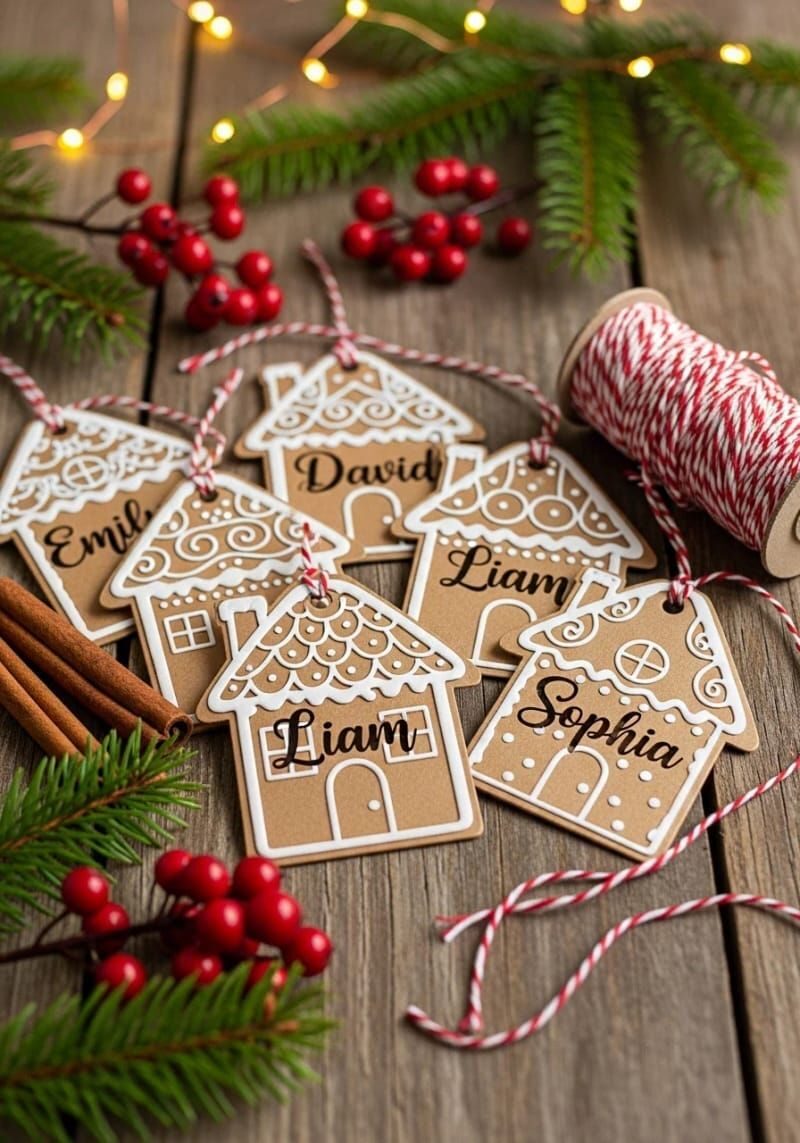 6. Gingerbread house gift tags with white vinyl icing details