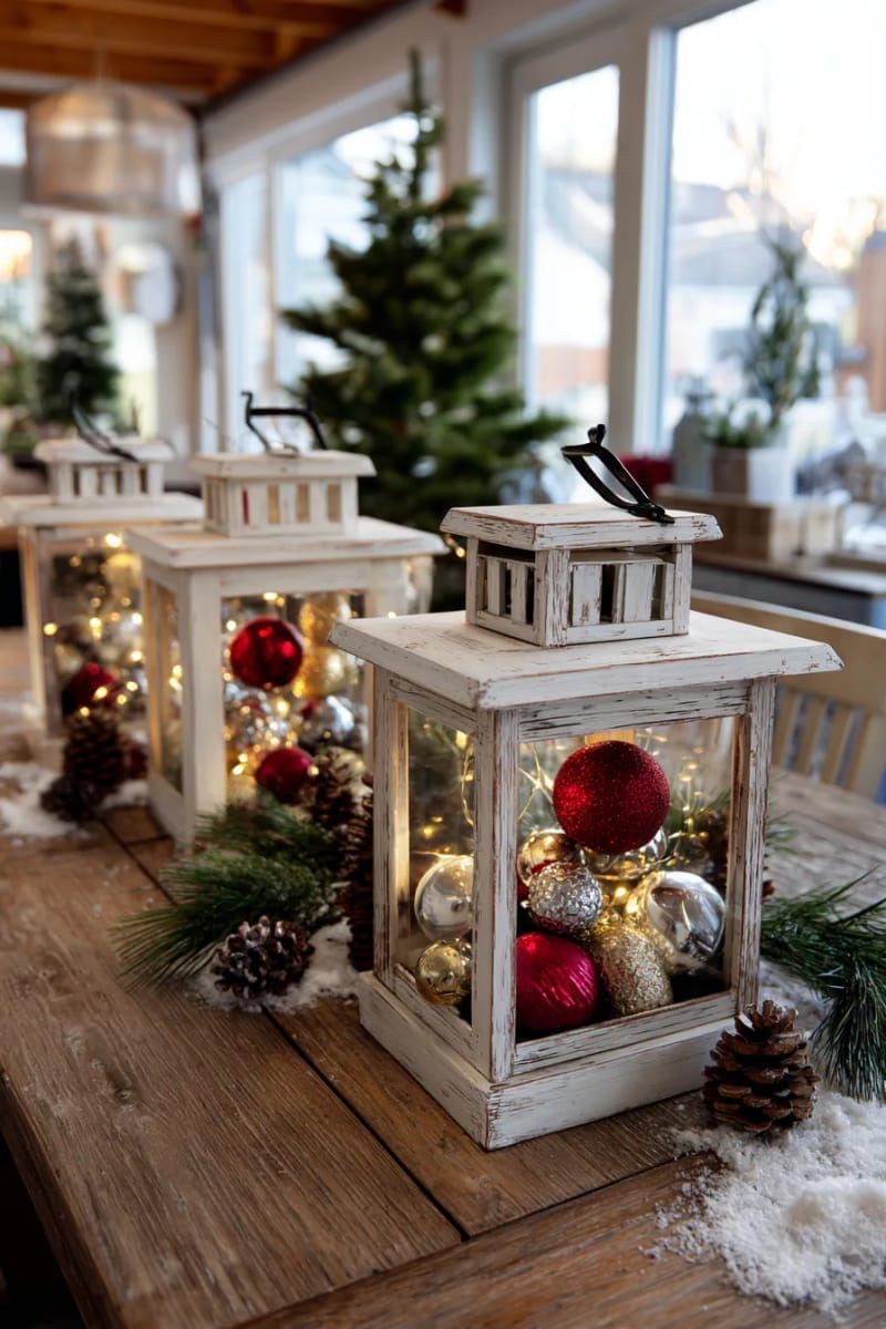 11. Rustic Lanterns With String Lights and Mini Decor