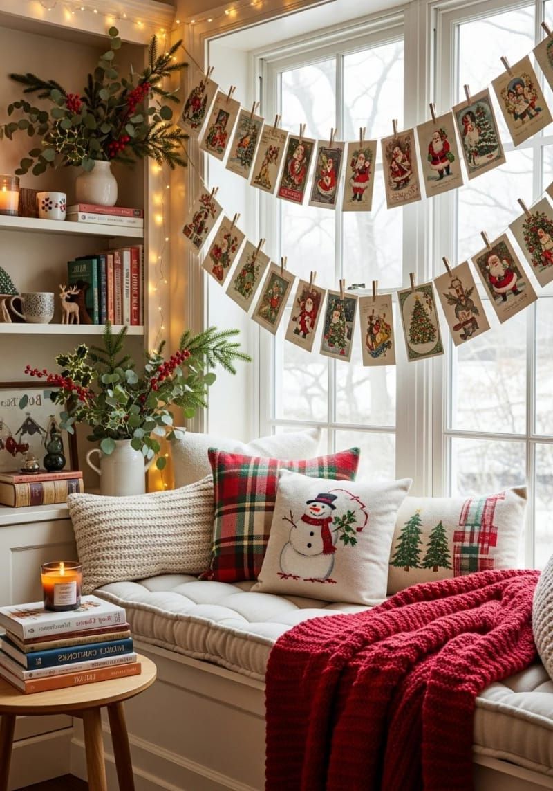 26. Christmas card garland strung above a reading nook