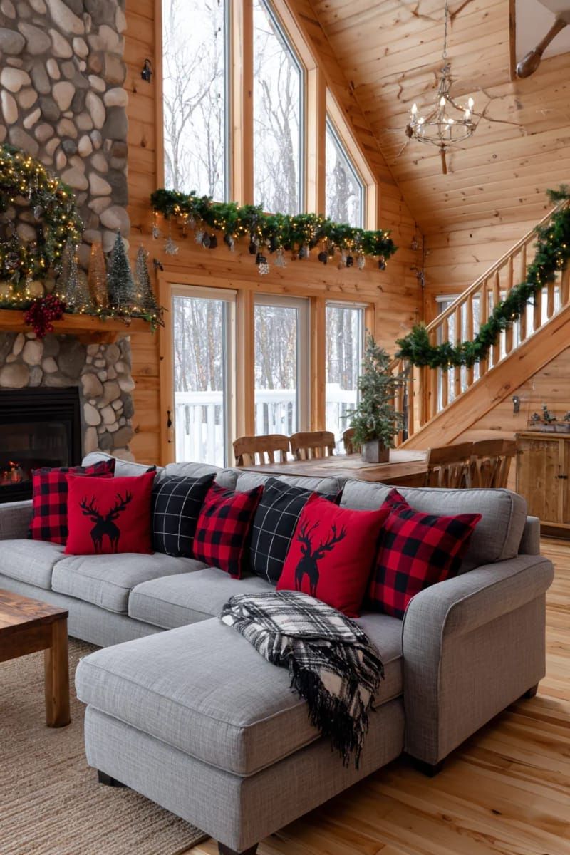 3. Hand-Stitched Christmas Trees on Plaid Pillows