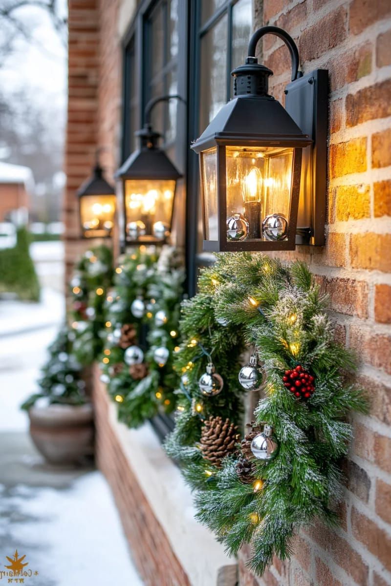 31. Snow-Covered Wreaths With Bells on Outdoor Lanterns - photo 2