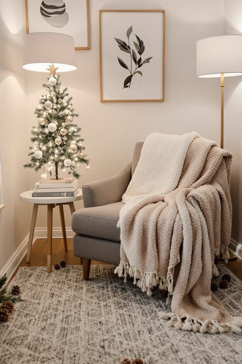 29. Cozy Reading Corner With Knit Blankets And A Tabletop Tree
