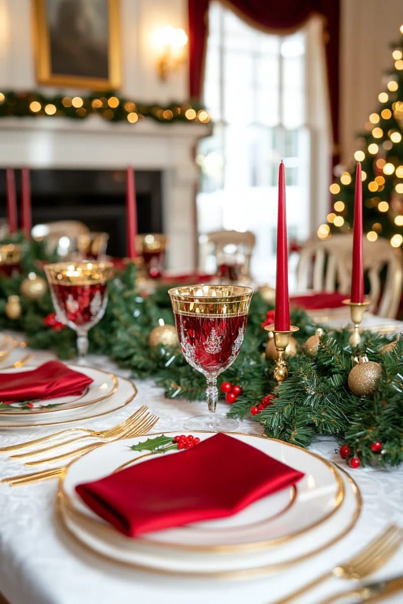 7. Gold-Rimmed Glassware With Red Napkins and Candles - photo 2