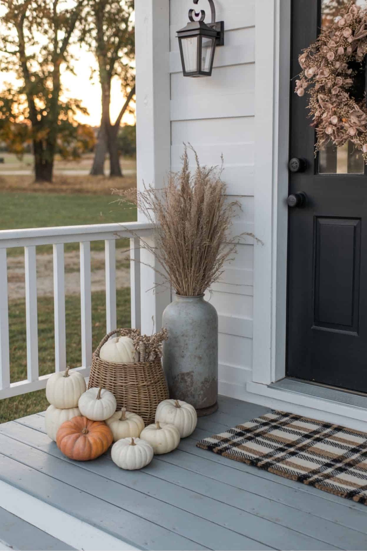 Soft Neutral Porch Corner with White Pumpkins