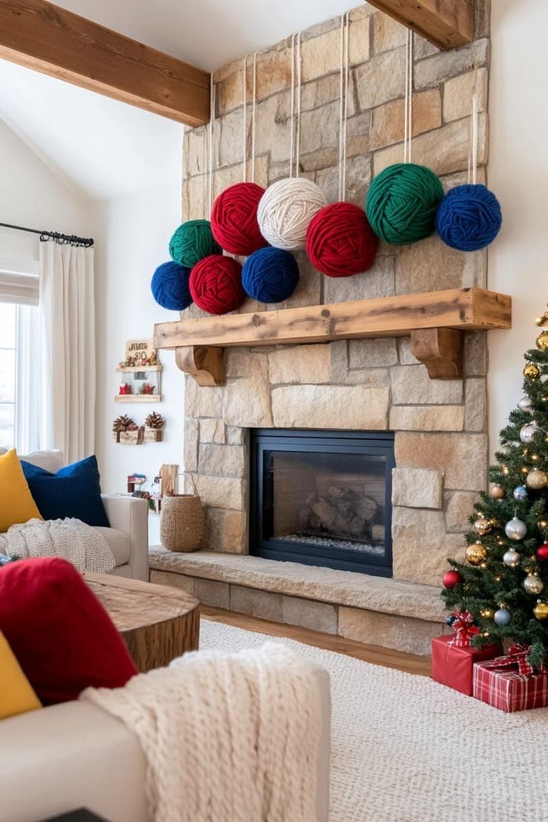 5. Yarn Sphere Wall Display with Wooden Rods